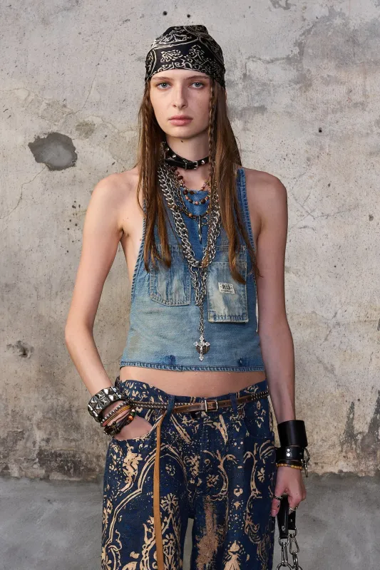 CROPPED DENIM APRON - PATINA BLUE made by R13