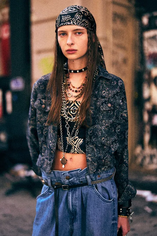 Cropped Shrunken Zip-Up - Blue Indigo Paisley made by R13
