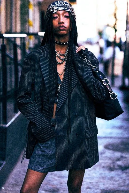 DOUBLE-BREASTED PEAK LAPEL RAGGED BLAZER - BROWN STRIPE made by R13