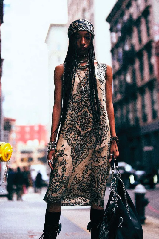 KNEE-LENGTH SLEEVELESS MIDI - KHAKI BANDANA PRINT made by R13