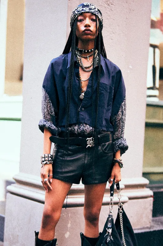 OVERLAY DROP NECK SHIRT - NAVY BLUE ABSTRACT BANDANA made by R13