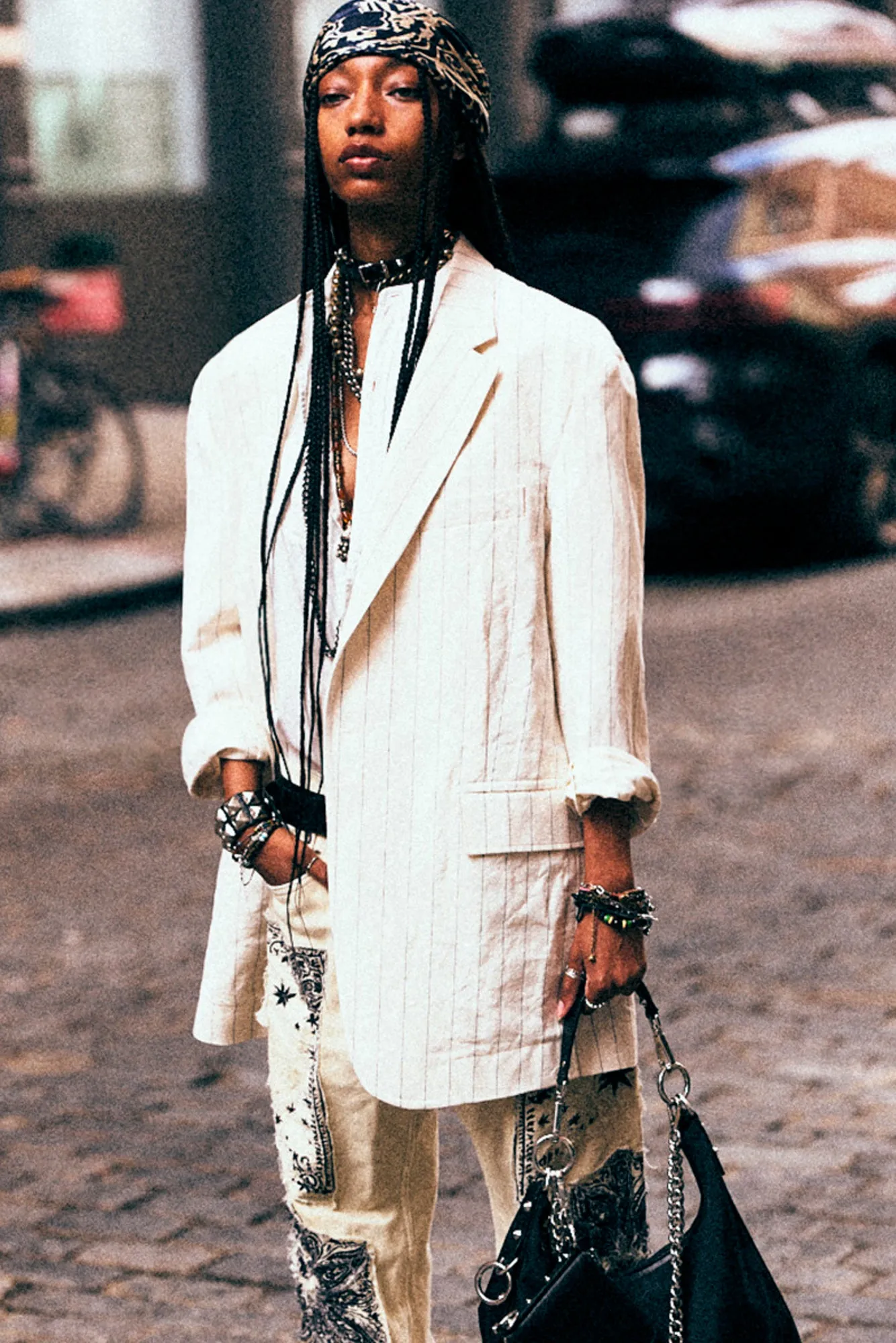 OVERSIZED RAGGED BLAZER - WHITE MINI STRIPE sold by R13