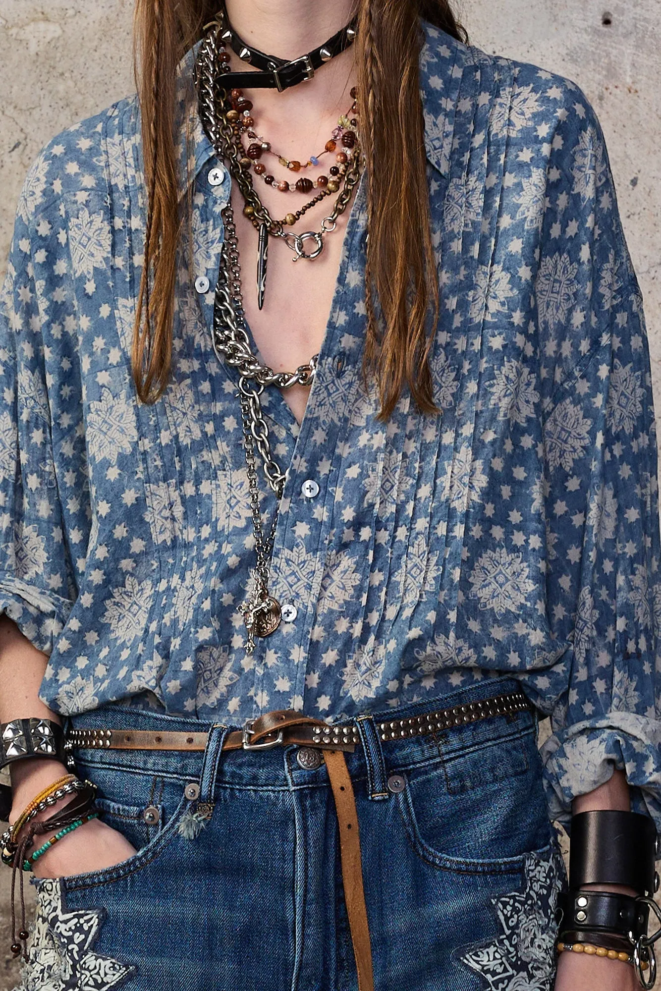 PINTUCK DROP NECK SHIRT - BLUE INDIGO MEDALLION sold by R13 product image thumbnail 3
