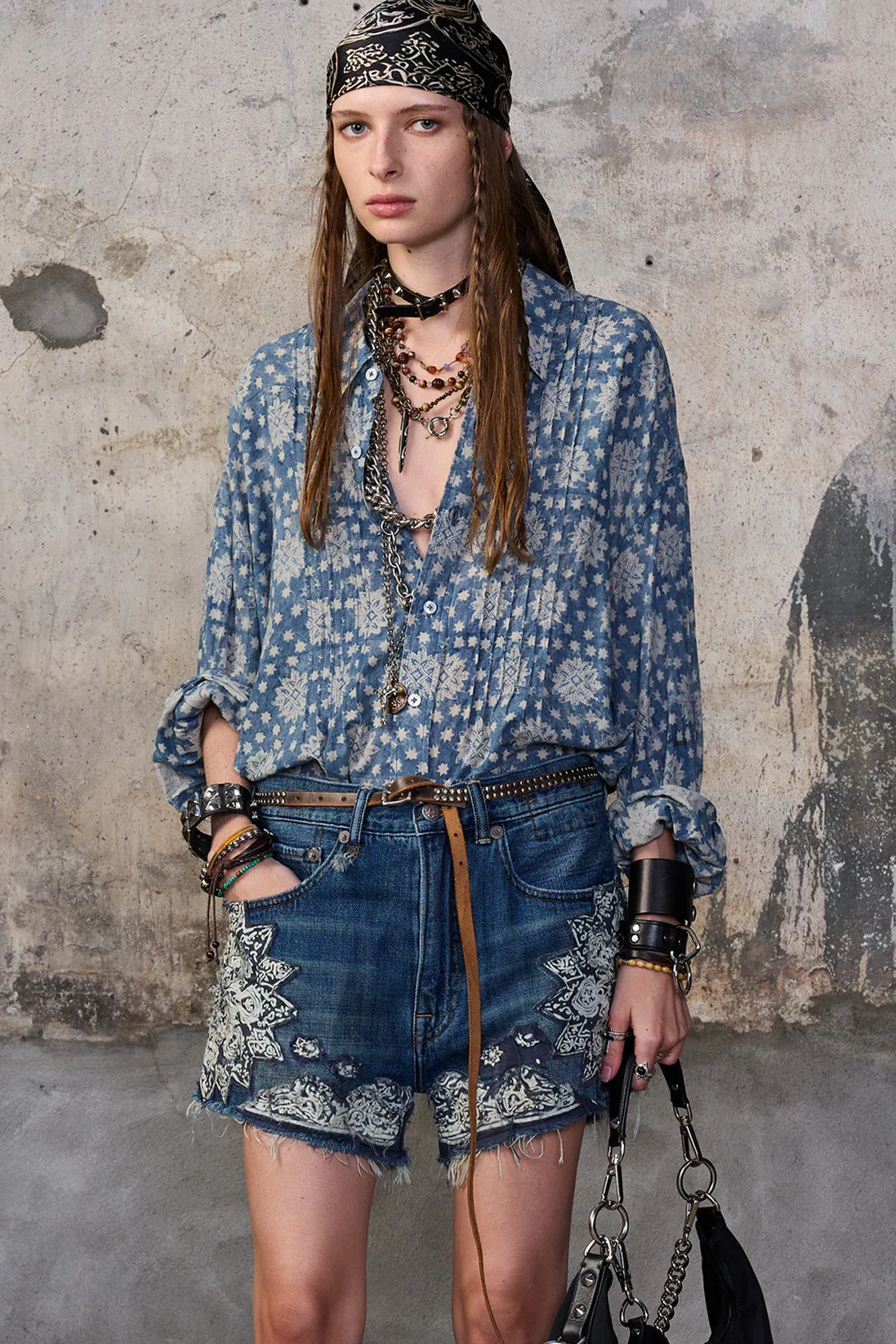 PINTUCK DROP NECK SHIRT - BLUE INDIGO MEDALLION sold by R13