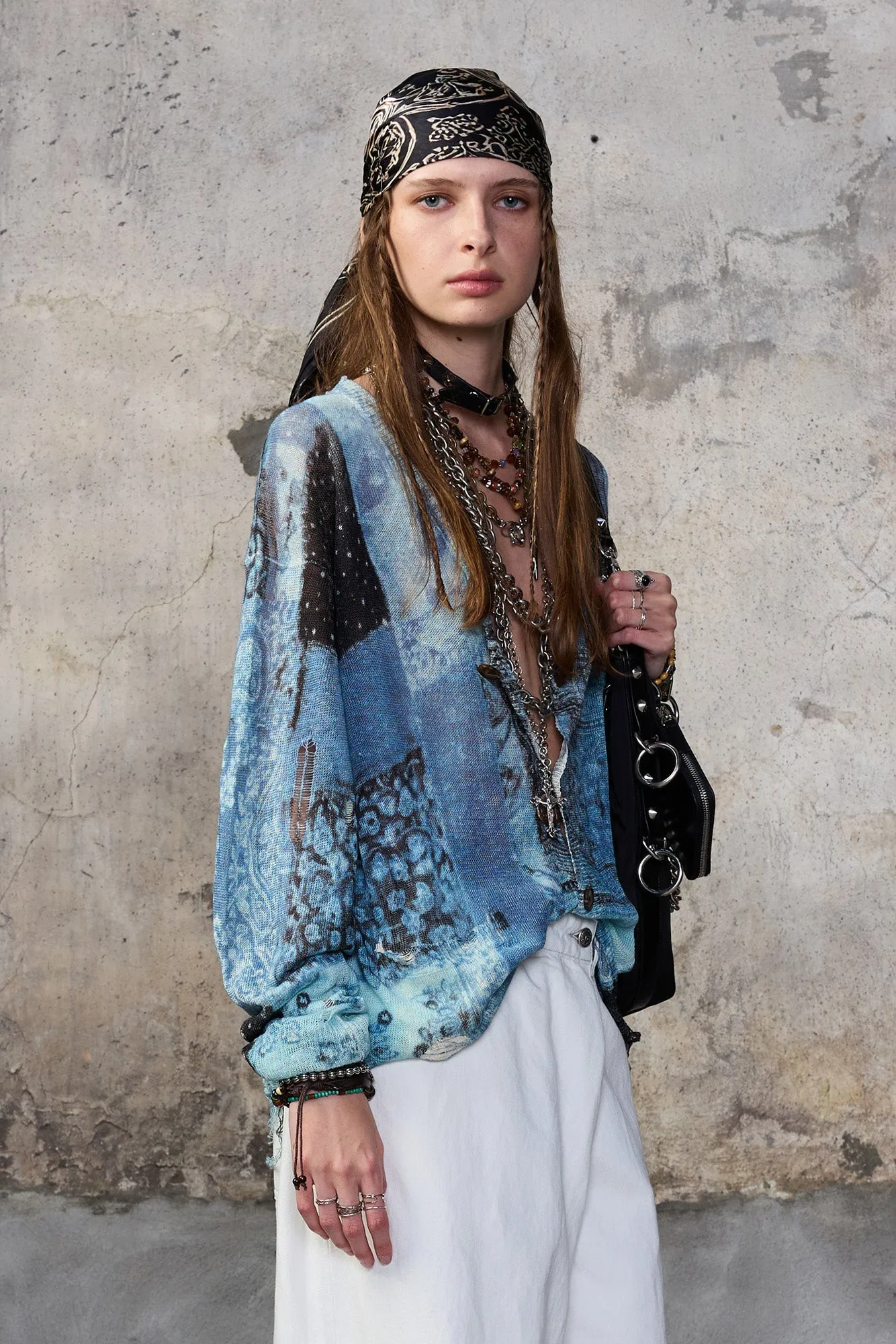 PRINTED BOYFRIEND CARDIGAN - BLUE MULTI BANDANA sold by R13