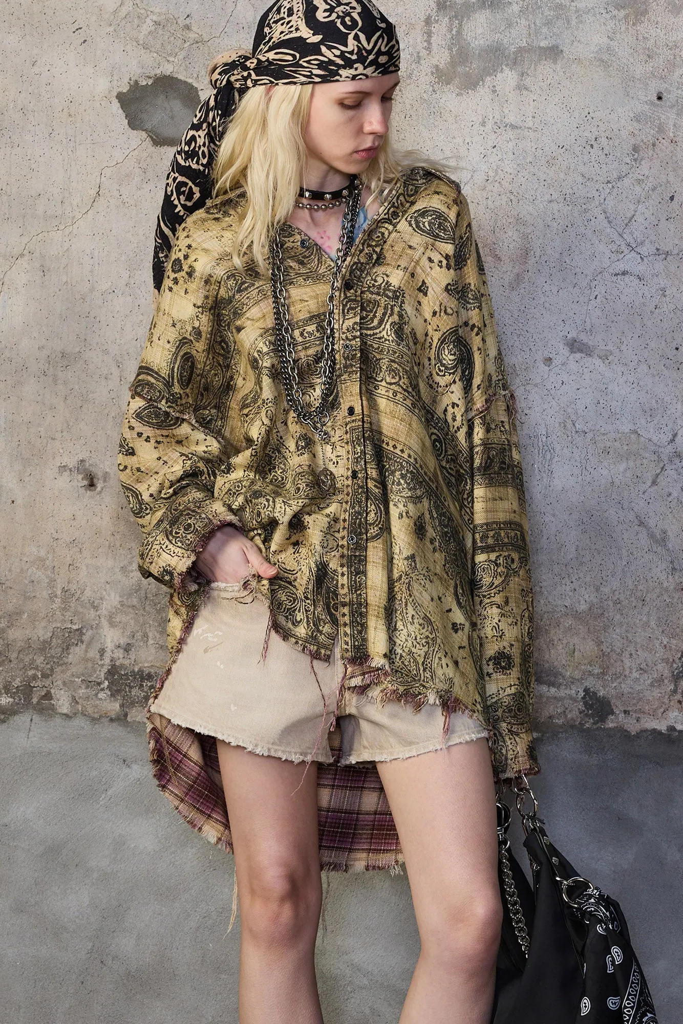 SHREDDED SEAM DROP NECK SHIRT - KHAKI BANDANA BLACK OVERPRINT sold by R13