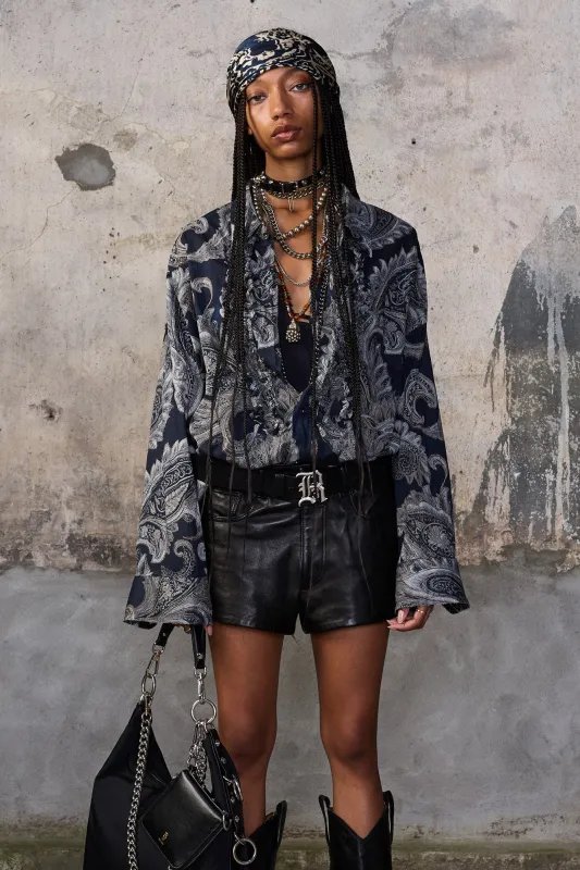 SHREDDED SEAM RUFFLE SHIRT - BLACK PAISLEY MULTIPRINT made by R13