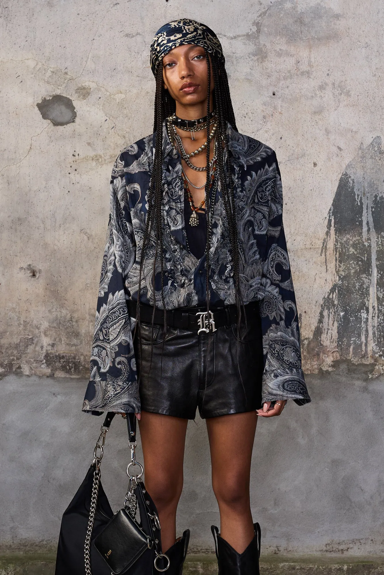 SHREDDED SEAM RUFFLE SHIRT - BLACK PAISLEY MULTIPRINT sold by R13