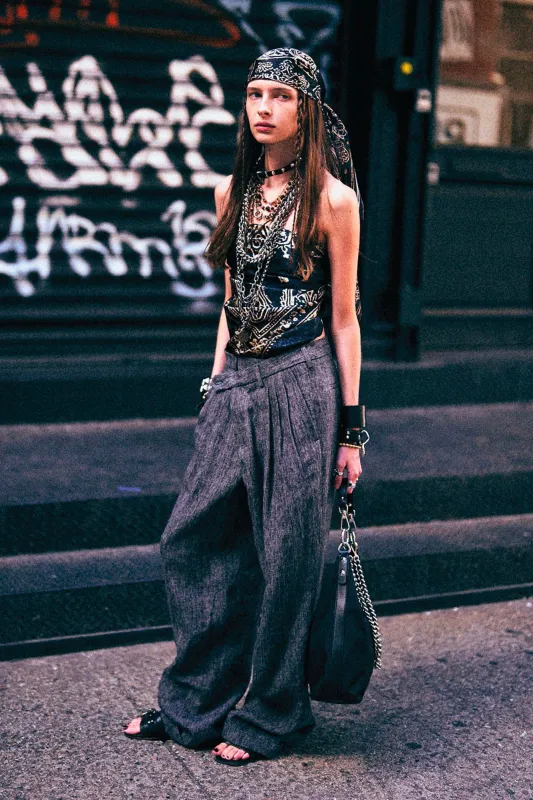 TRIPLE PLEAT CROSSOVER TROUSER - DARK GREY MICRO STRIPE made by R13