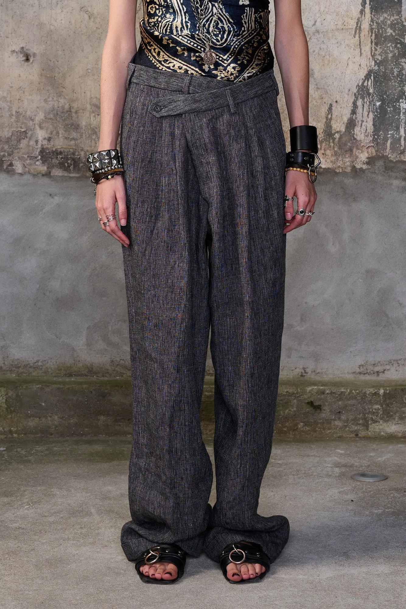 TRIPLE PLEAT CROSSOVER TROUSER - DARK GREY MICRO STRIPE sold by R13 product image thumbnail 3
