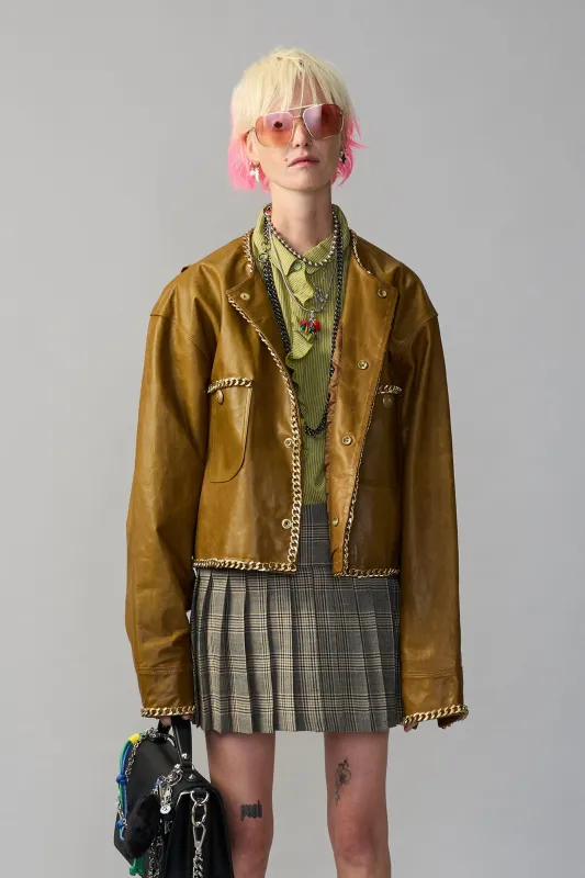 CHAIN EMBELLISHED CROPPED LEATHER JACKET - OLIVE GREEN LEATHER made by R13