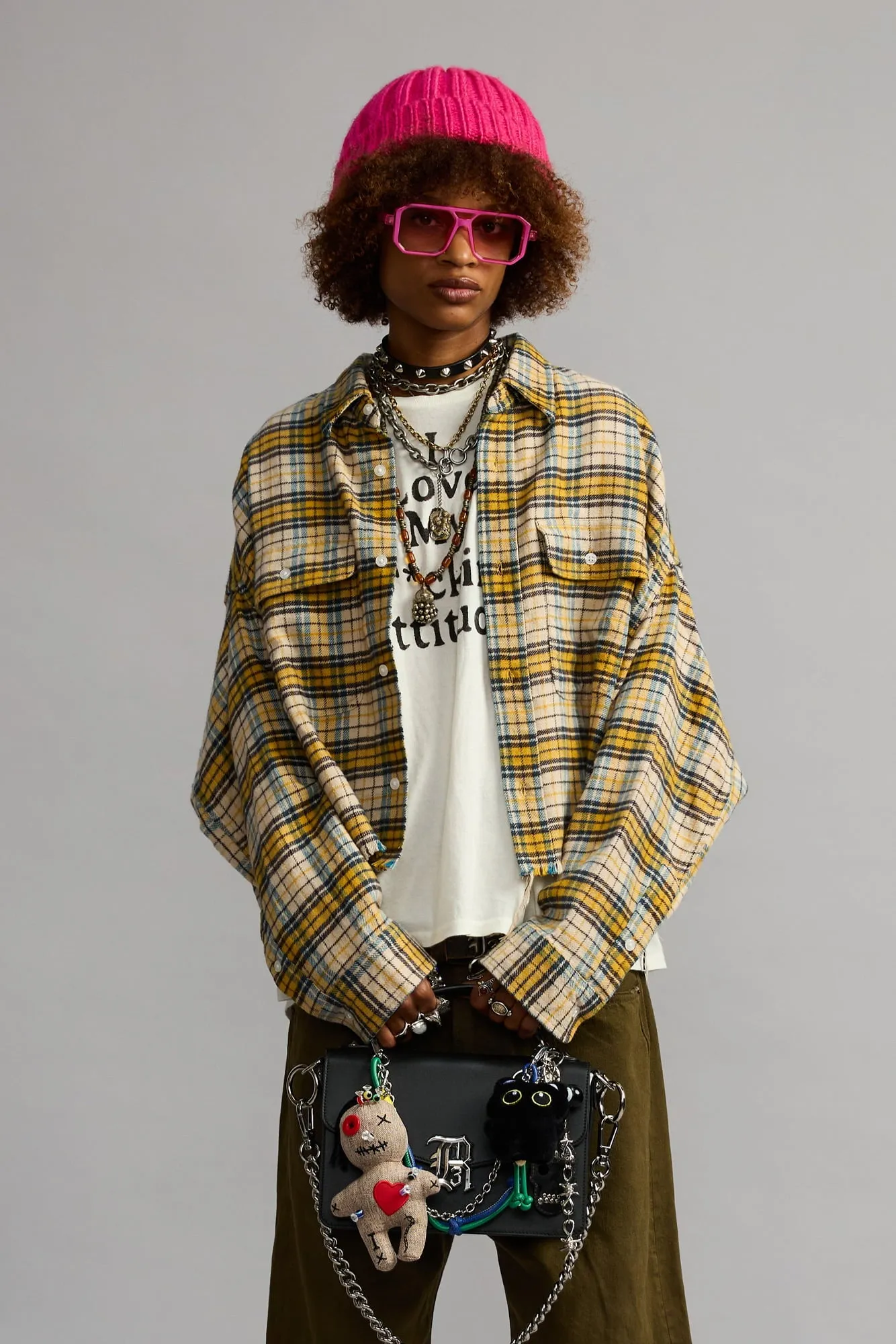 CROPPED WORK SHIRT - YELLOW AND BLUE PLAID sold by R13