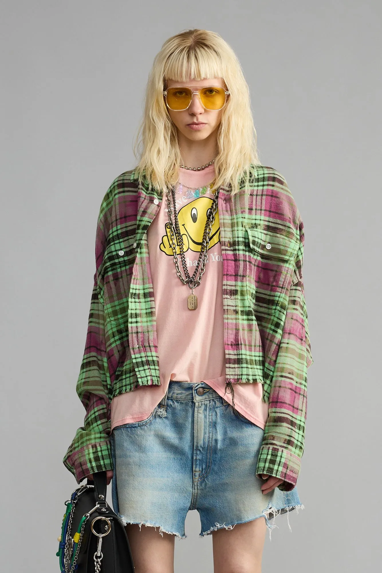Cropped Work Shirt - Pink Overdyed Green Plaid sold by R13