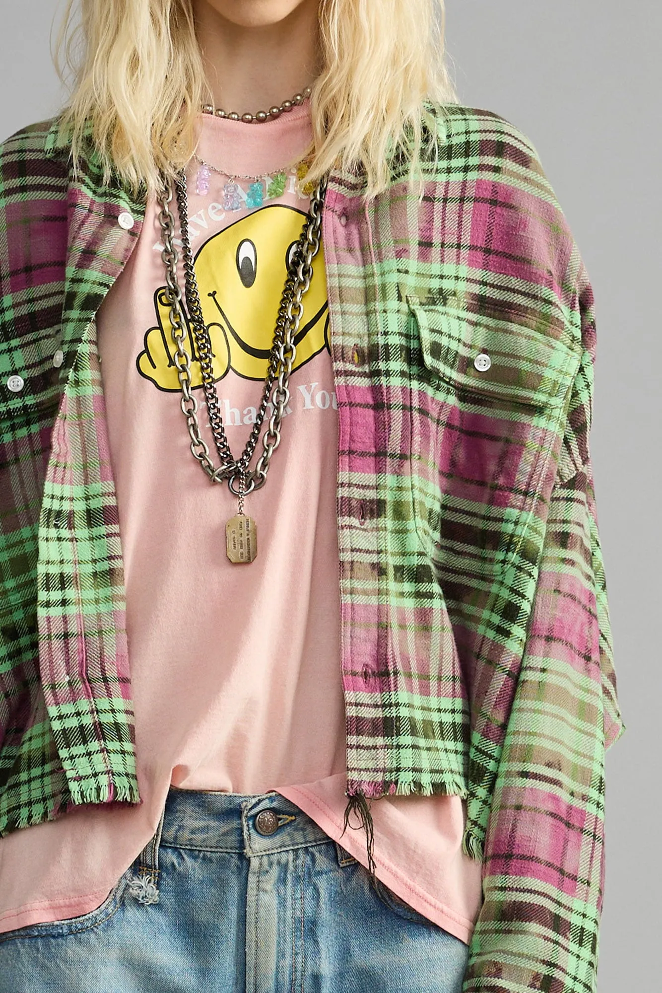 Cropped Work Shirt - Pink Overdyed Green Plaid sold by R13 product image thumbnail 3