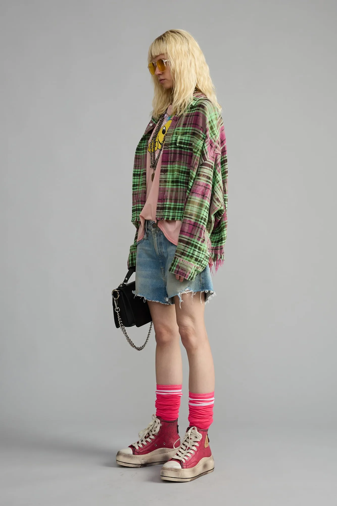 Cropped Work Shirt - Pink Overdyed Green Plaid sold by R13 product image thumbnail 2