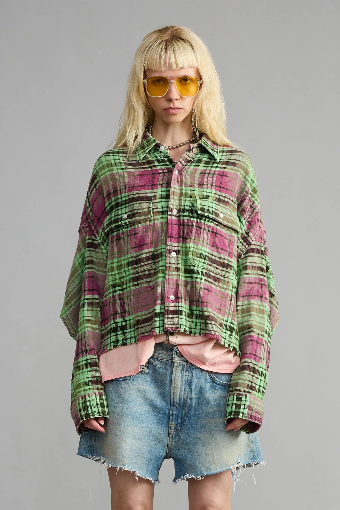 Cropped Work Shirt - Pink Overdyed Green Plaid sold by R13 product image thumbnail 4