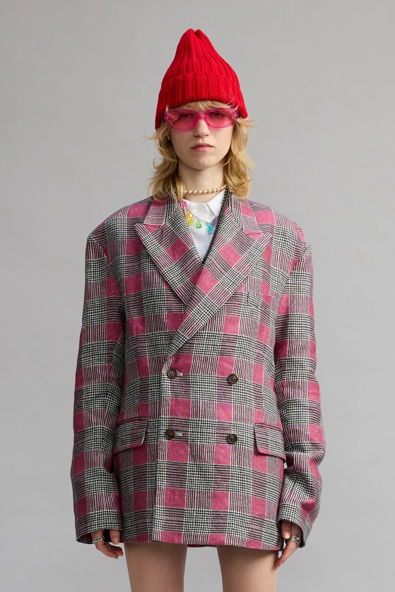 DOUBLE-BREASTED PEAK LAPEL RAGGED BLAZER - PINK GLEN PLAID sold by R13 product image thumbnail 4