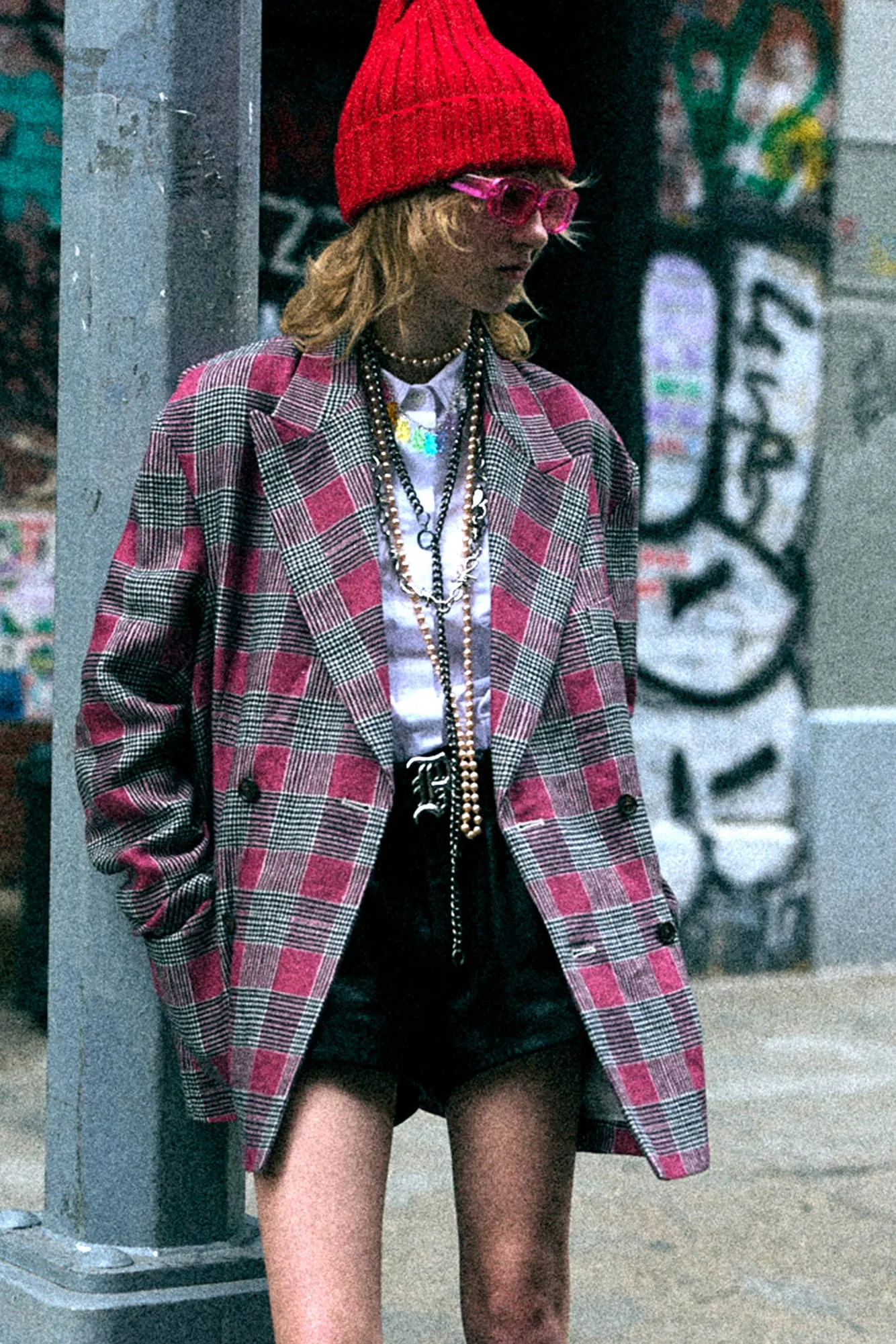 DOUBLE-BREASTED PEAK LAPEL RAGGED BLAZER - PINK GLEN PLAID sold by R13