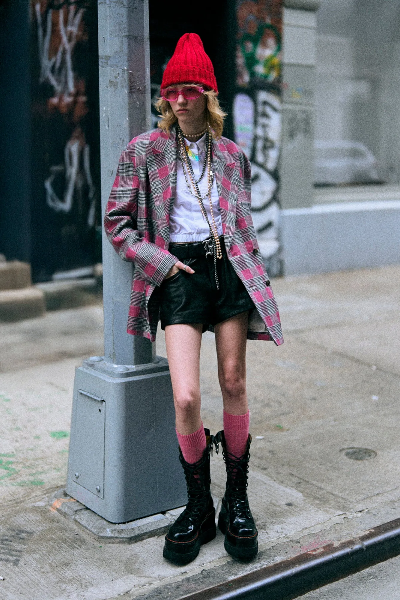 DOUBLE-BREASTED PEAK LAPEL RAGGED BLAZER - PINK GLEN PLAID sold by R13 product image thumbnail 2