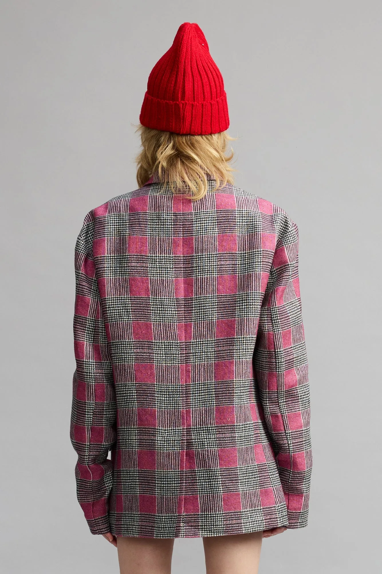 DOUBLE-BREASTED PEAK LAPEL RAGGED BLAZER - PINK GLEN PLAID sold by R13 product image thumbnail 5