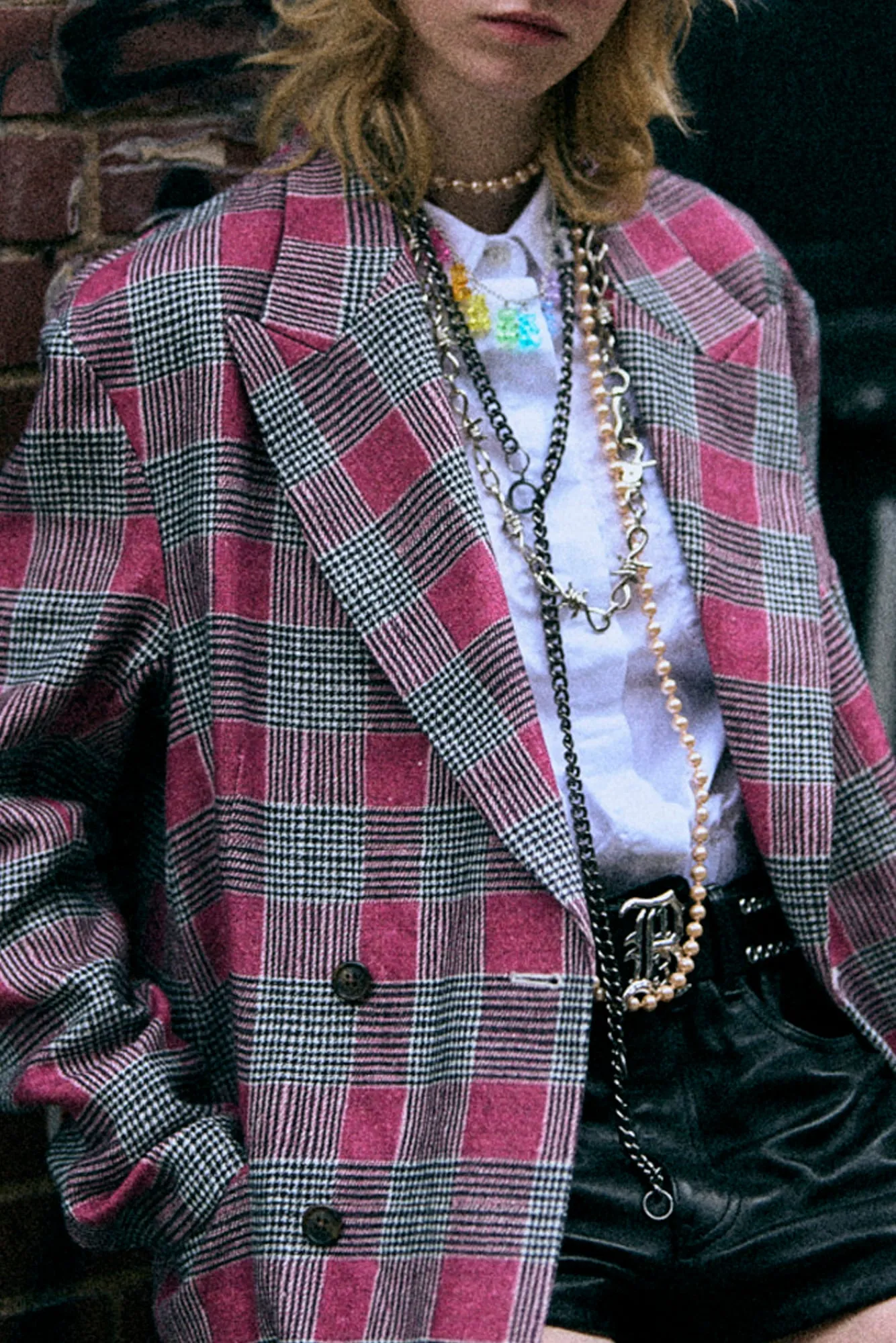 DOUBLE-BREASTED PEAK LAPEL RAGGED BLAZER - PINK GLEN PLAID sold by R13 product image thumbnail 3