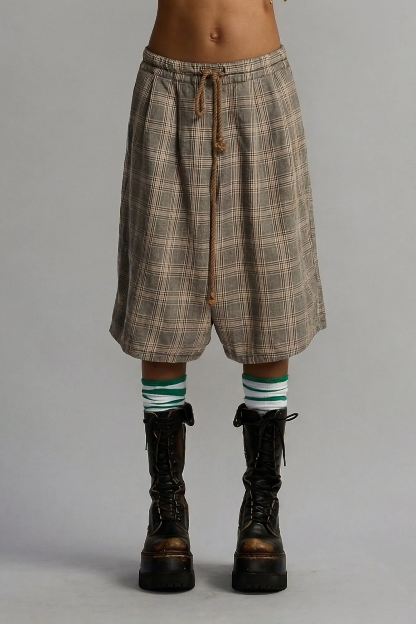 PLEATED JUMBO SHORT WITH ELASTIC WAIST - SMALL KHAKI PLAID sold by R13 product image thumbnail 2