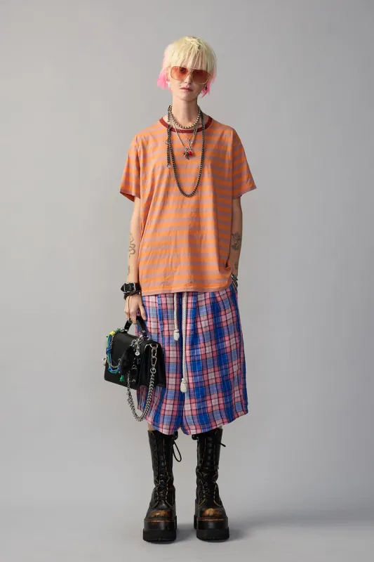 PLEATED JUMBO SHORT WITH ELASTIC WAIST - BLUE PINK PLAID made by R13