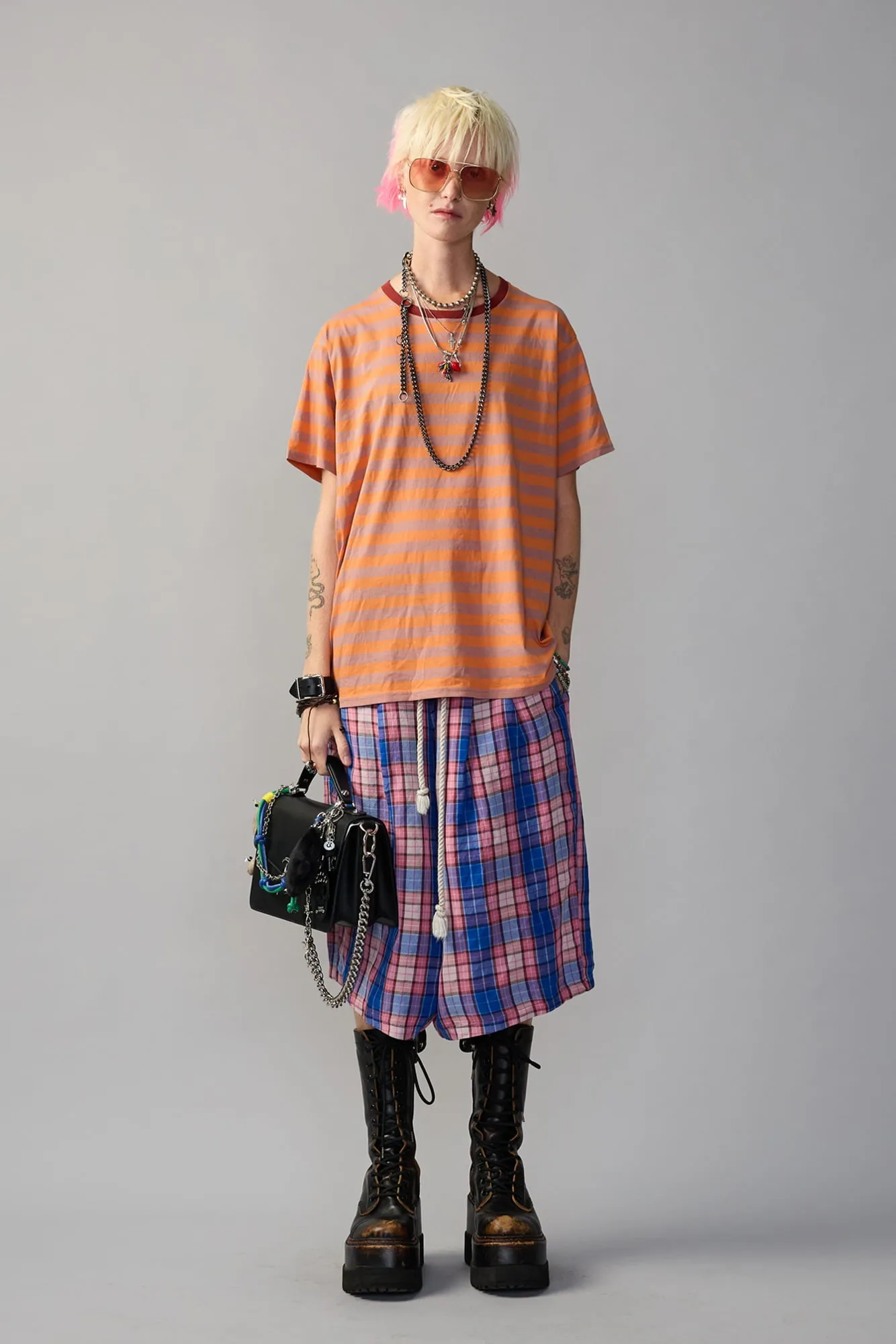 PLEATED JUMBO SHORT WITH ELASTIC WAIST - BLUE PINK PLAID sold by R13