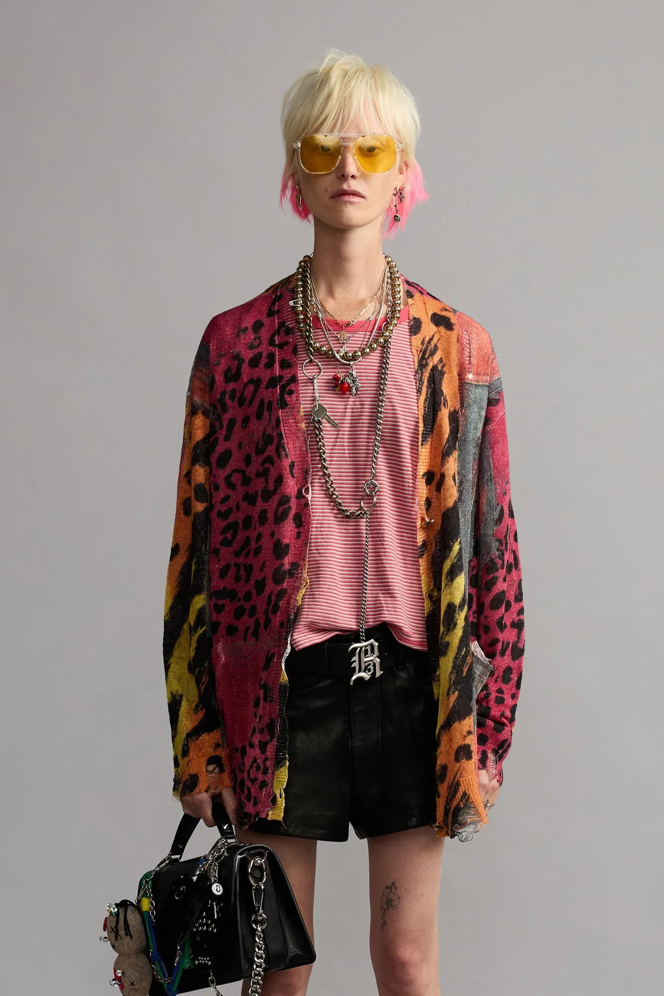 Printed Boyfriend Cardigan - Pink Orange Multicolor sold by R13