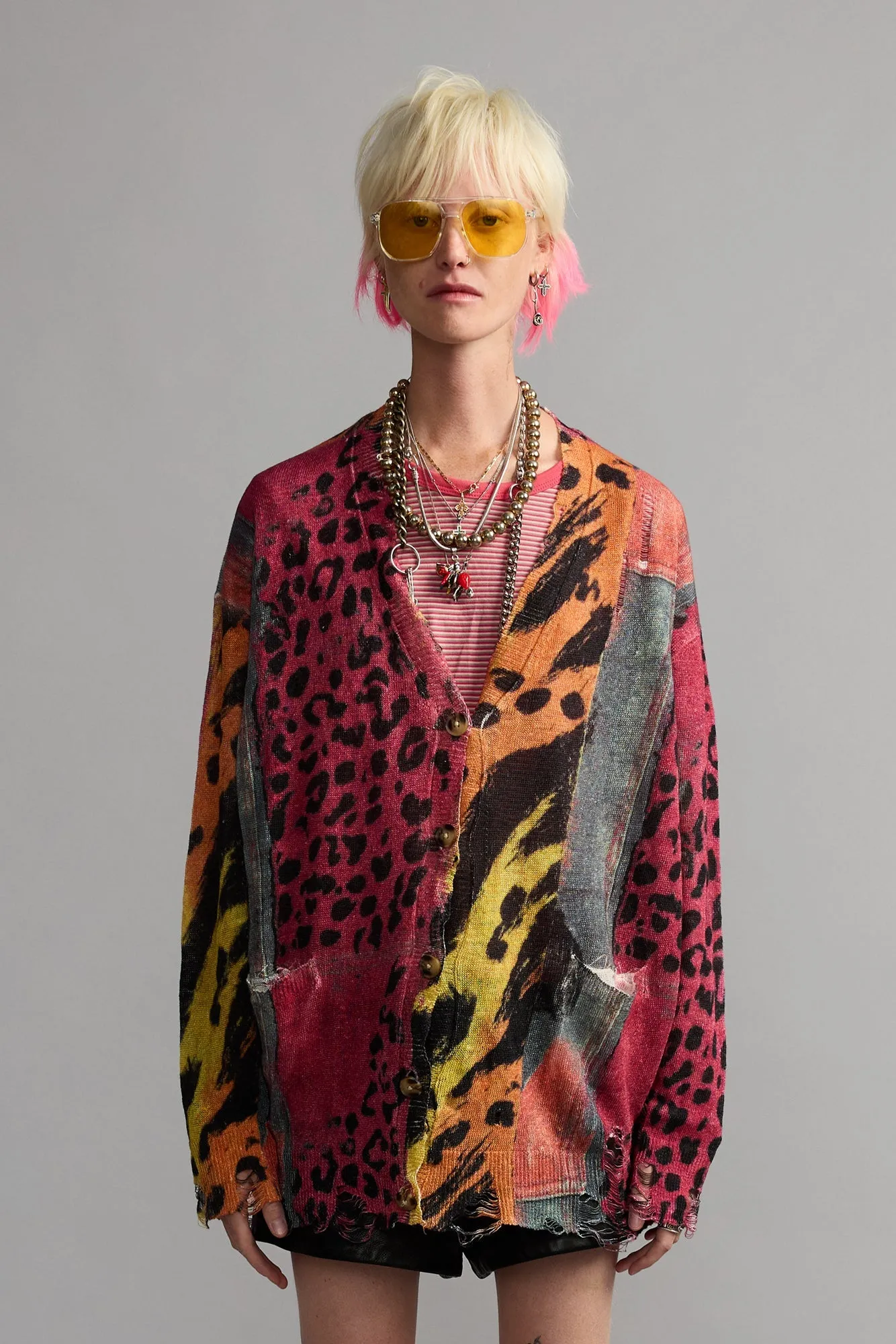 Printed Boyfriend Cardigan - Pink Orange Multicolor sold by R13 product image thumbnail 4