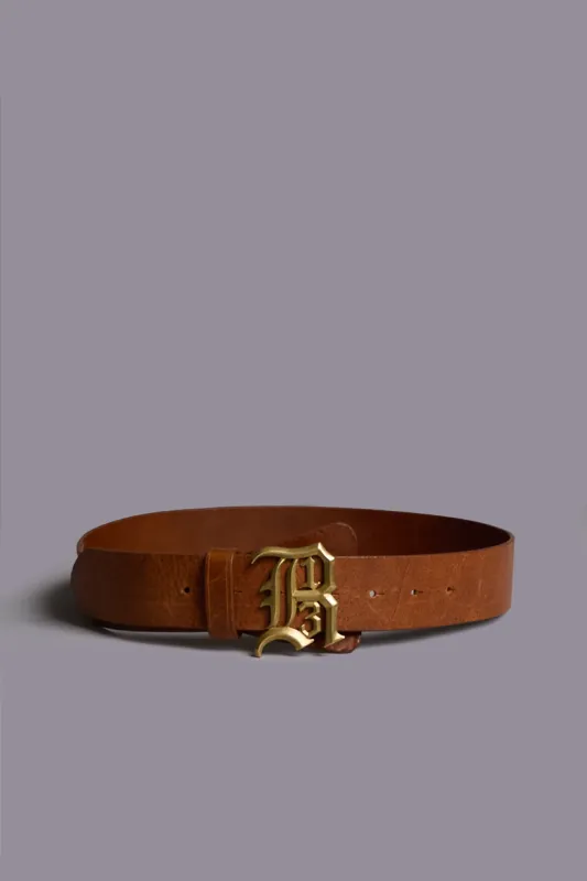 R13 LOGO BUCKLE BELT - BROWN WITH BRASS made by R13
