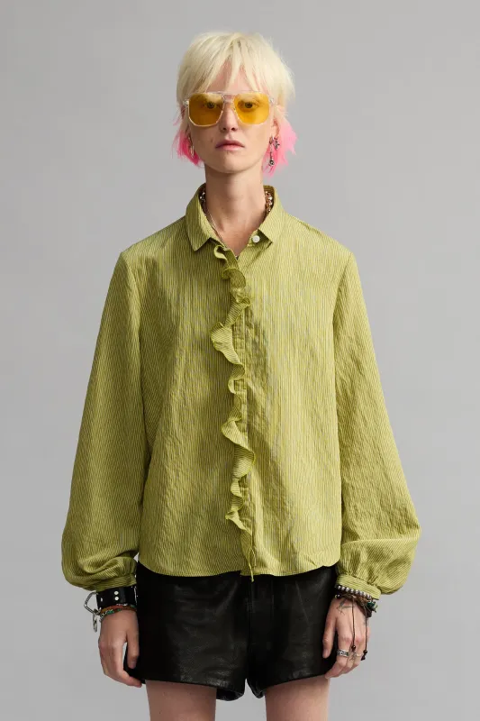 RUFFLE BLOUSE - GREEN STRIPE made by R13