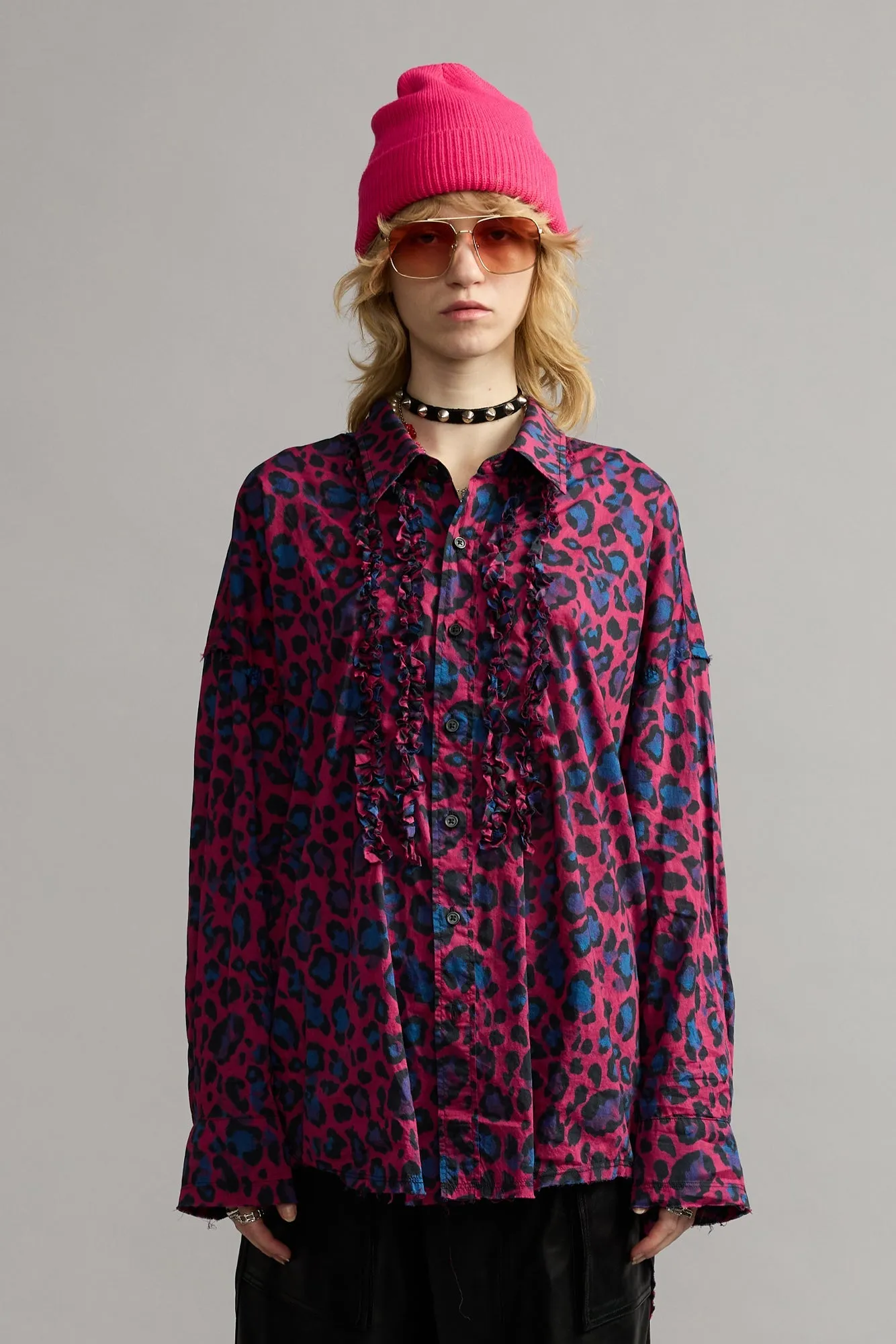 SHREDDED SEAM RUFFLE SHIRT - PINK LEOPARD MULTIPRINT sold by R13 product image thumbnail 3