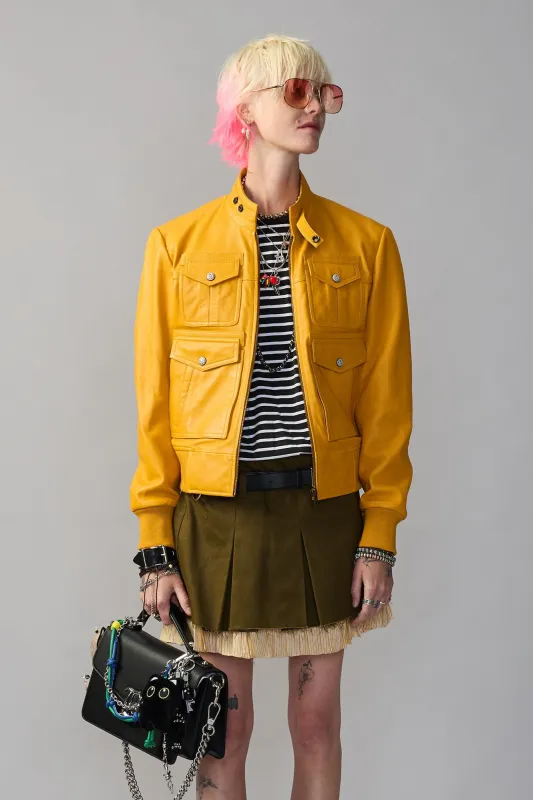 SHRUNKEN ZIP-UP LEATHER JACKET - YELLOW MUSTARD made by R13