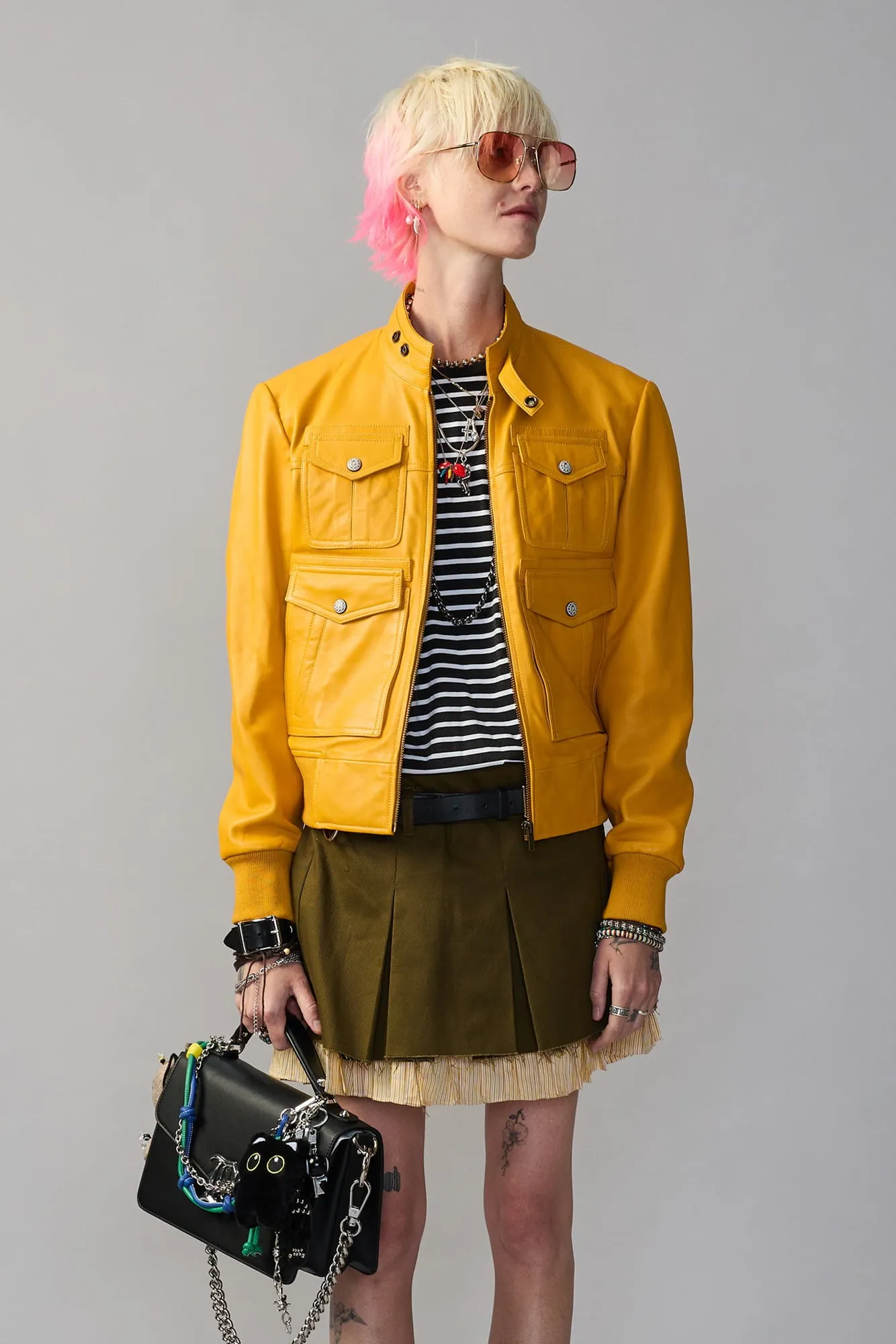 SHRUNKEN ZIP-UP LEATHER JACKET - YELLOW MUSTARD sold by R13