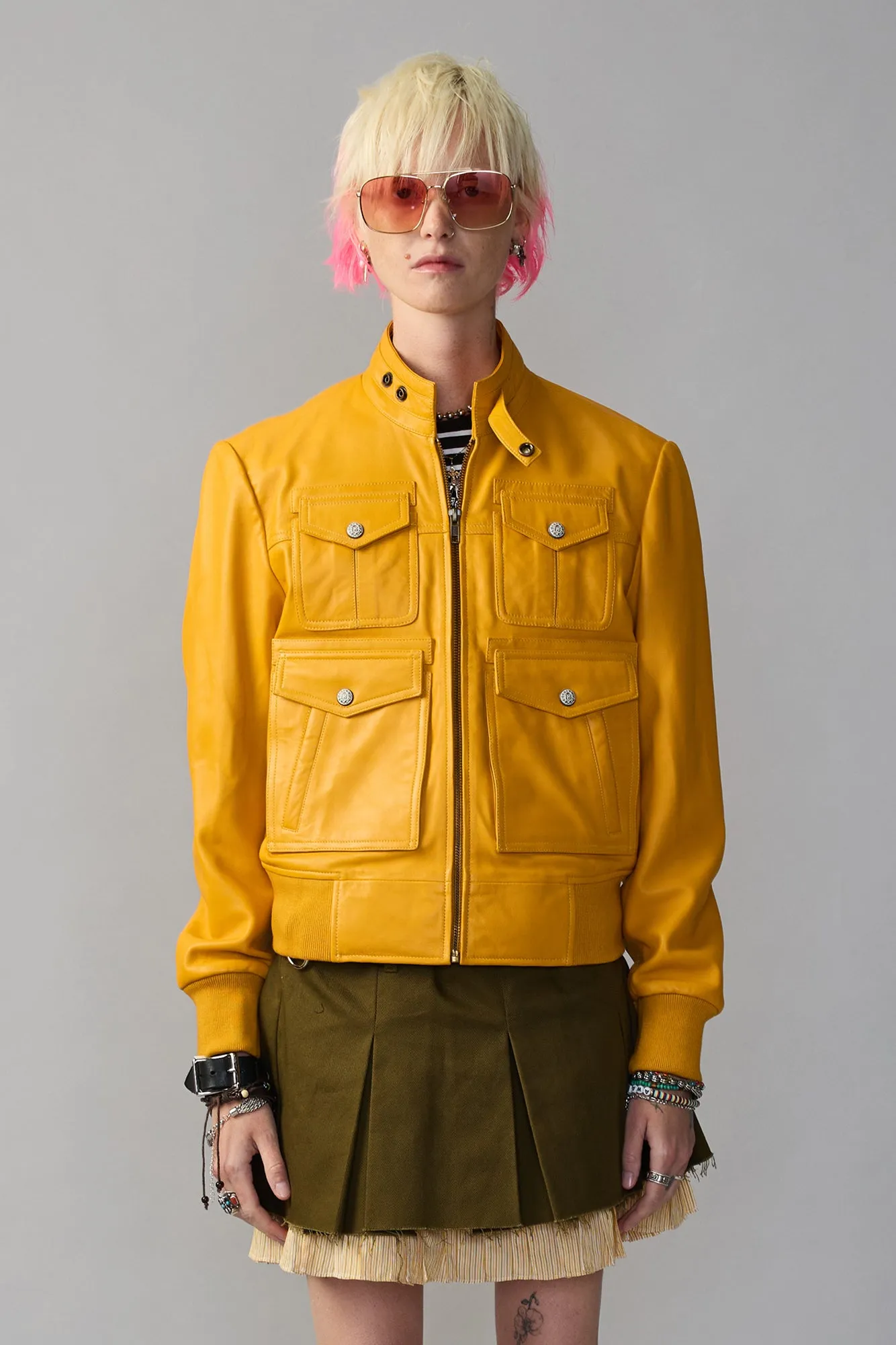 SHRUNKEN ZIP-UP LEATHER JACKET - YELLOW MUSTARD sold by R13 product image thumbnail 4