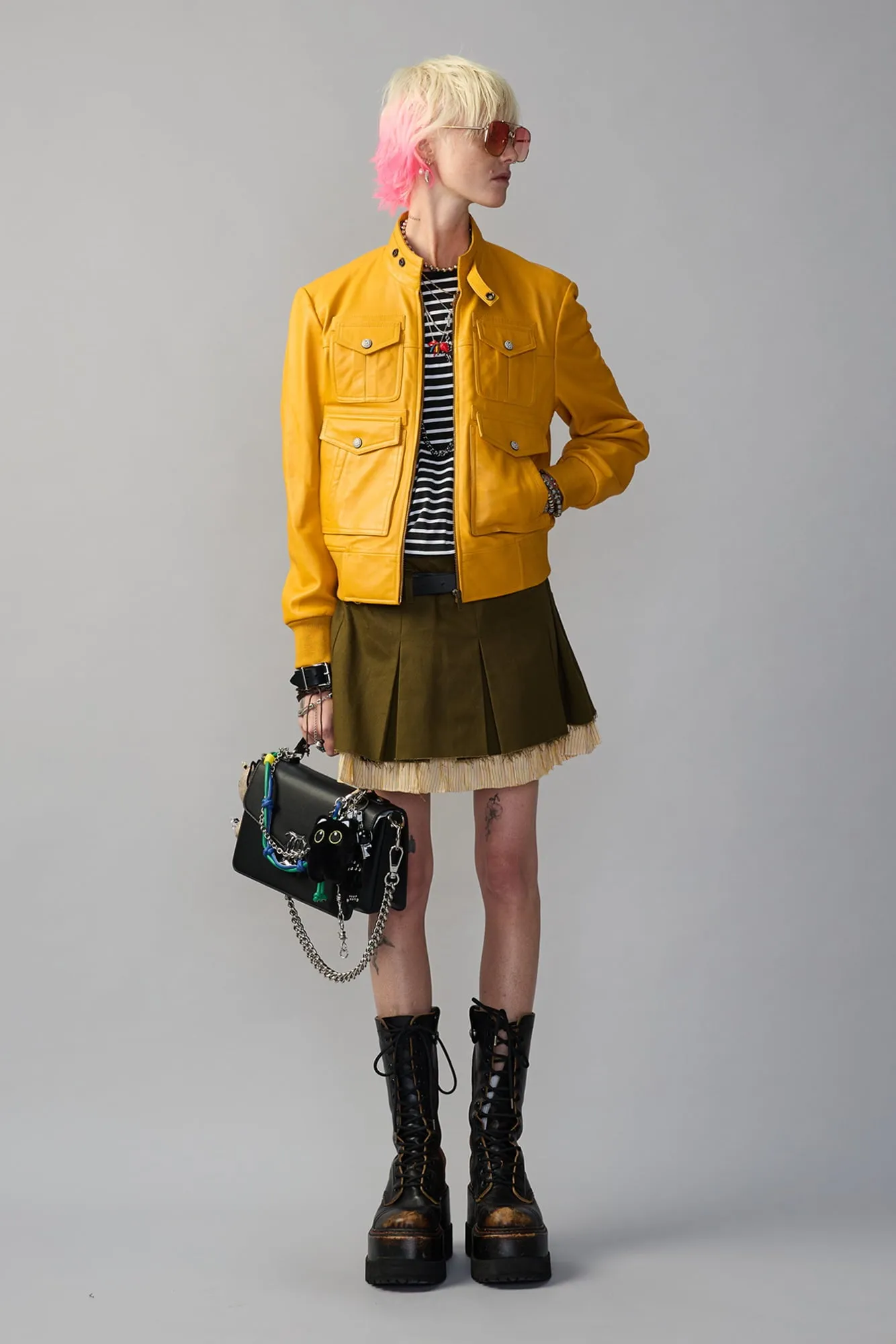 SHRUNKEN ZIP-UP LEATHER JACKET - YELLOW MUSTARD sold by R13 product image thumbnail 2