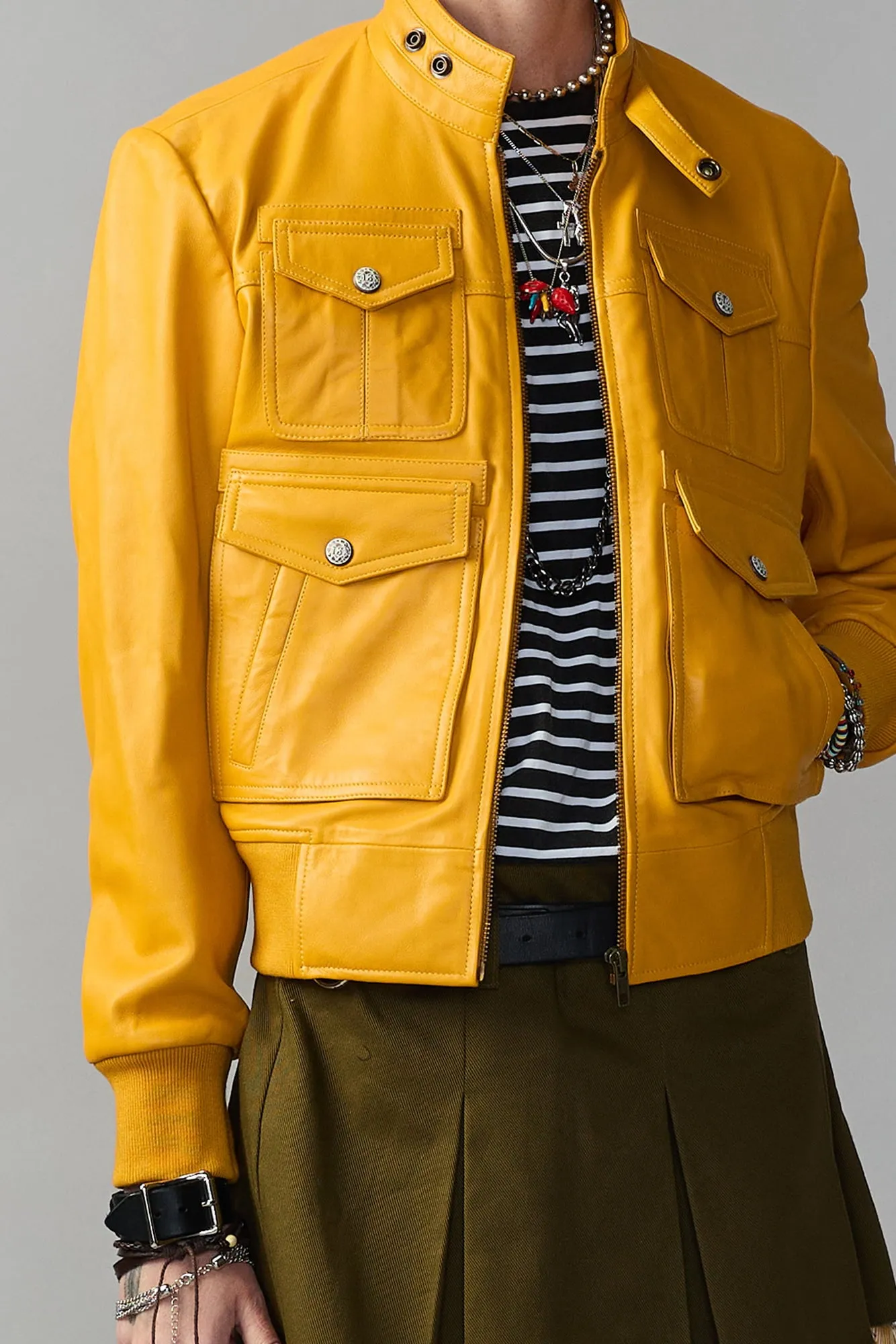 SHRUNKEN ZIP-UP LEATHER JACKET - YELLOW MUSTARD sold by R13 product image thumbnail 3