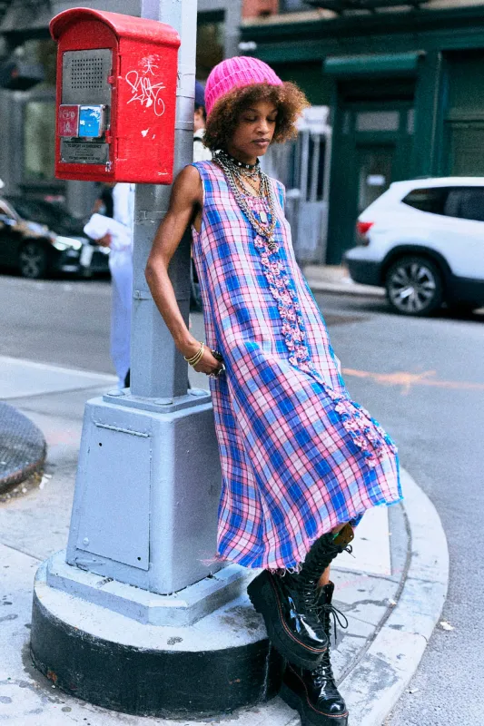 SLEEVELESS MIDI WITH RUFFLES - BLUE PINK PLAID made by R13