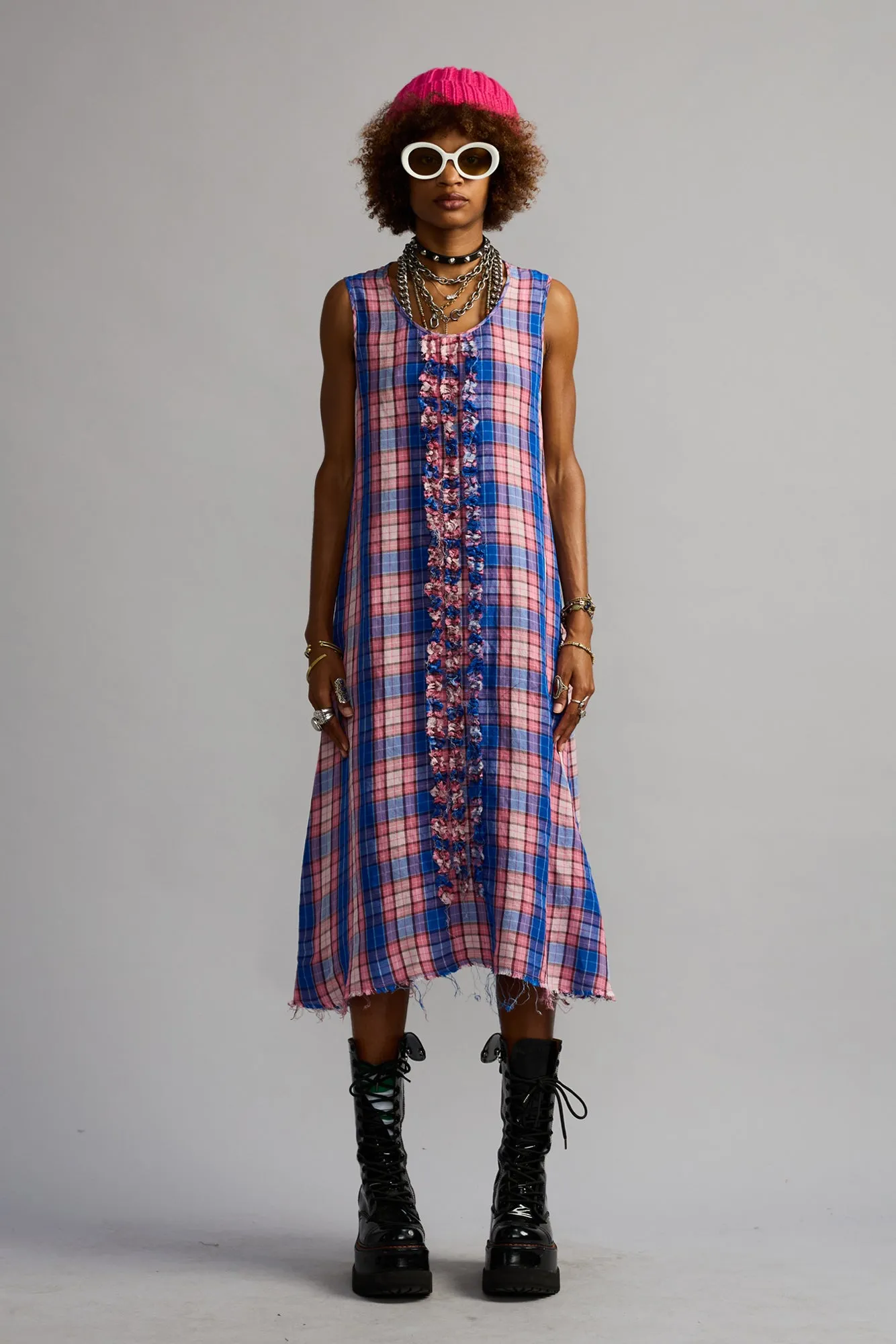 SLEEVELESS MIDI WITH RUFFLES - BLUE PINK PLAID sold by R13 product image thumbnail 3