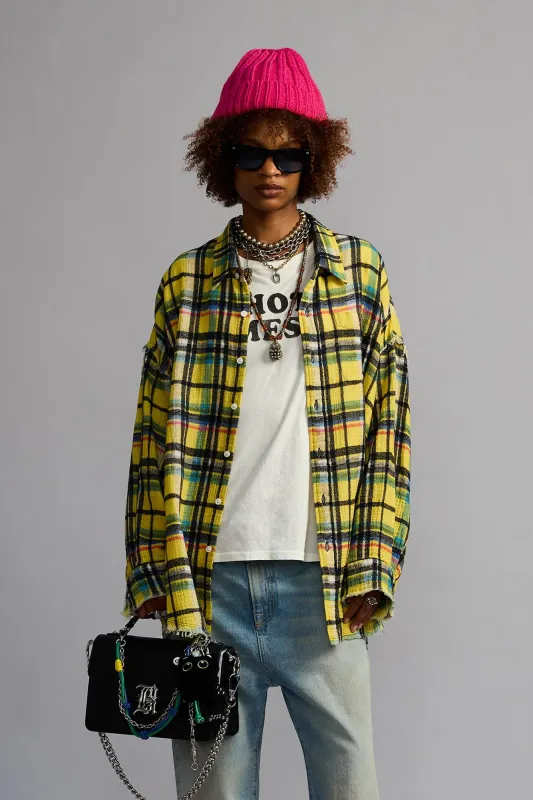 SHREDDED SEAM DROP NECK SHIRT - YELLOW AND BLACK PLAID made by R13