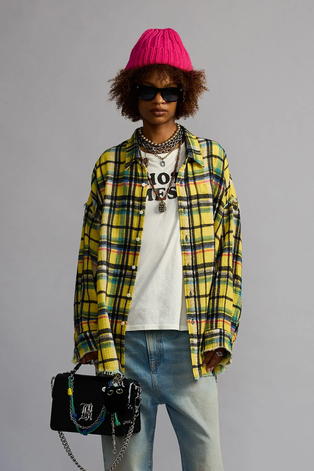 SHREDDED SEAM DROP NECK SHIRT - YELLOW AND BLACK PLAID sold by R13