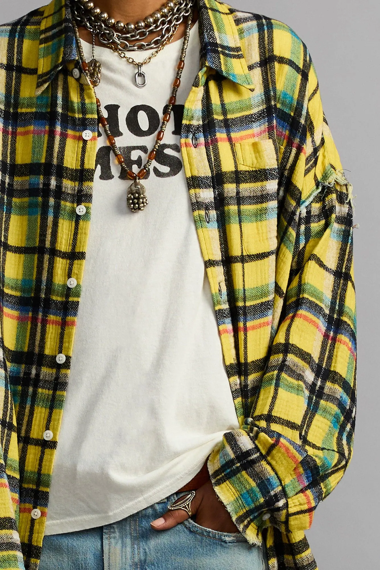 SHREDDED SEAM DROP NECK SHIRT - YELLOW AND BLACK PLAID sold by R13 product image thumbnail 3