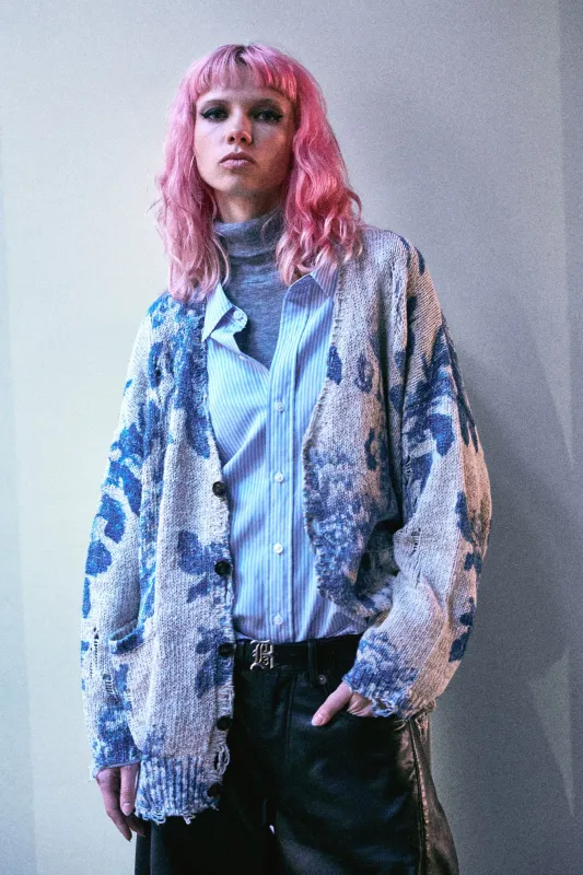 Printed Oversized Cardigan - Faded Blue Floral Colorblock made by R13