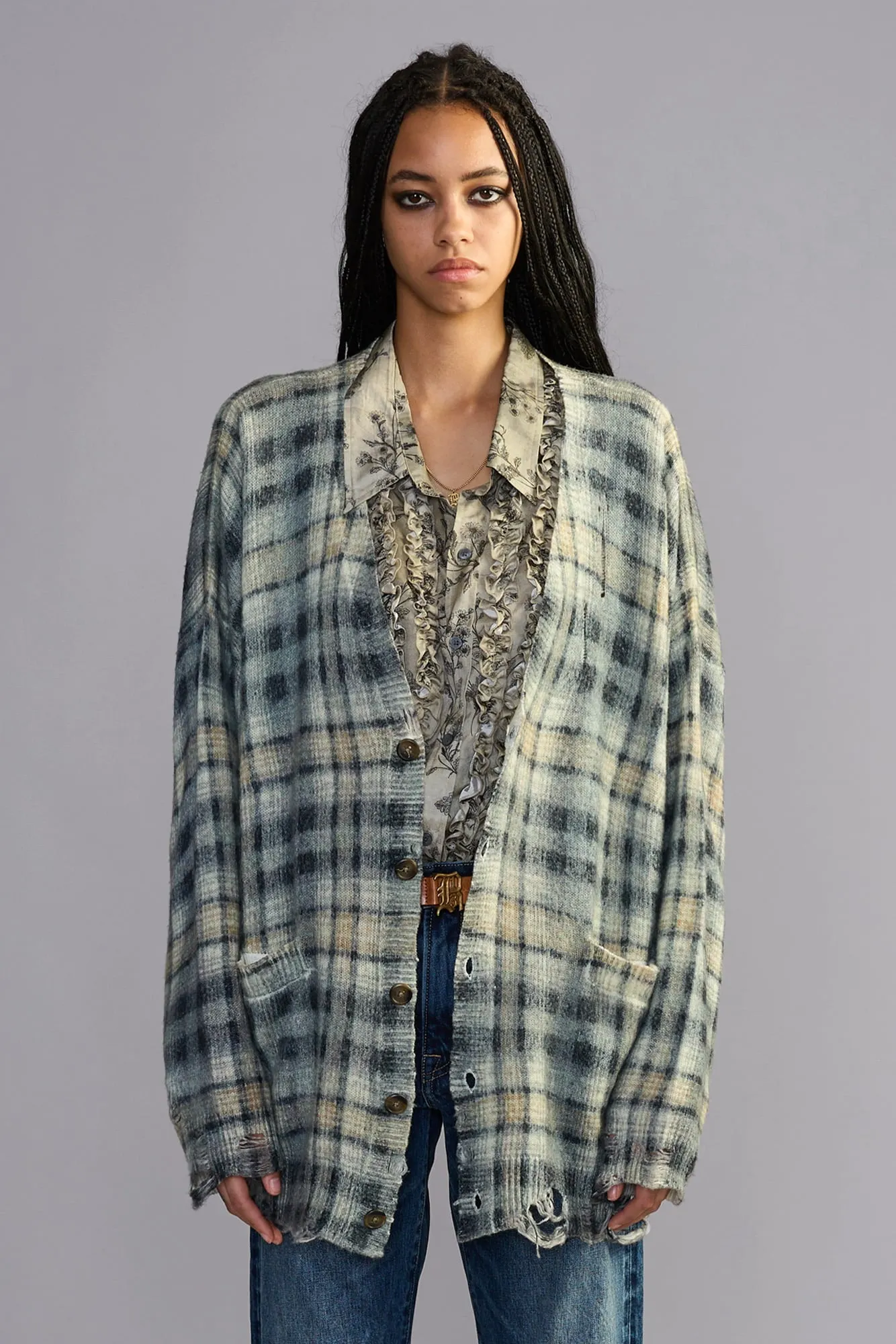 Printed Oversized Cardigan - Grey Black Plaid sold by R13 product image thumbnail 2