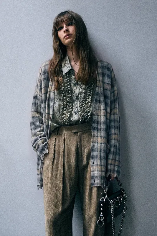 Printed Oversized Cardigan - Grey Black Plaid made by R13
