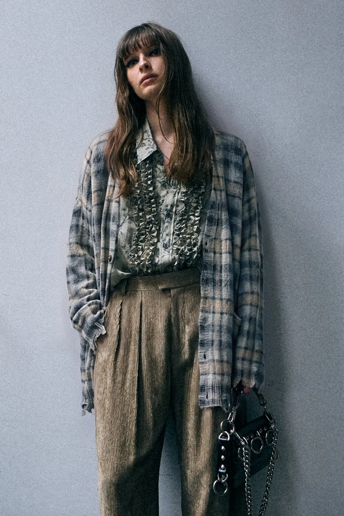 Printed Oversized Cardigan - Grey Black Plaid sold by R13