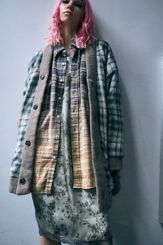 Oversized Padded Cardigan - Grey Black Plaid made by R13