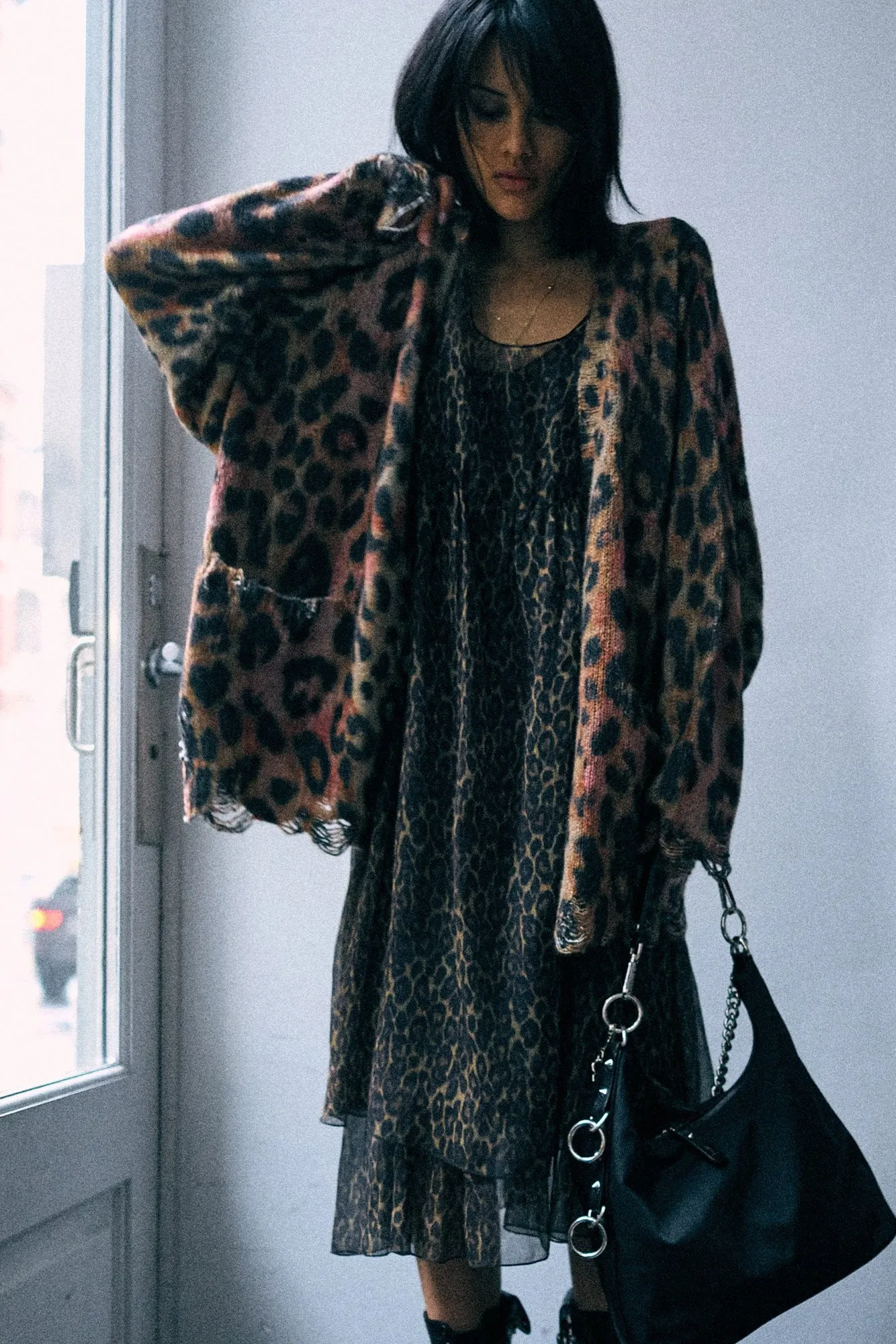 Printed Oversized Cardigan - Light Brown Pink Leopard sold by R13
