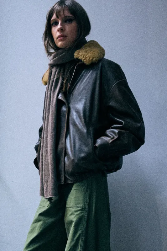 Removable Collar Leather Bomber - Brown made by R13